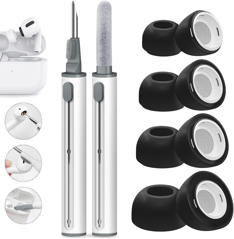 Vsagier 4 Pairs Replacement Ear Tips for AirPods Pro for AirPods Pro 2 with Noise Reduction Hole, Non-Slip Soft Silicone Ear Tips, 3 in 1 Cleaner Kit for USB-C Charging Case(XS/S/M/L, Black) - Image 1